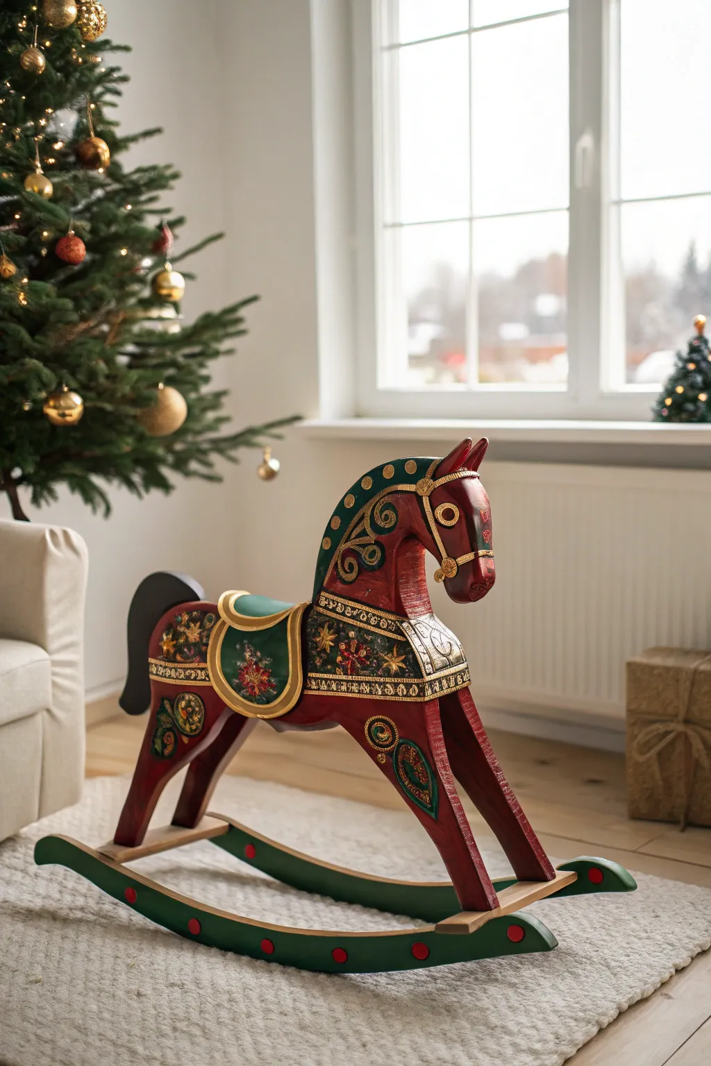 Add a touch of festive cheer with a beautifully painted rocking horse, perfect for cozy holiday moments.