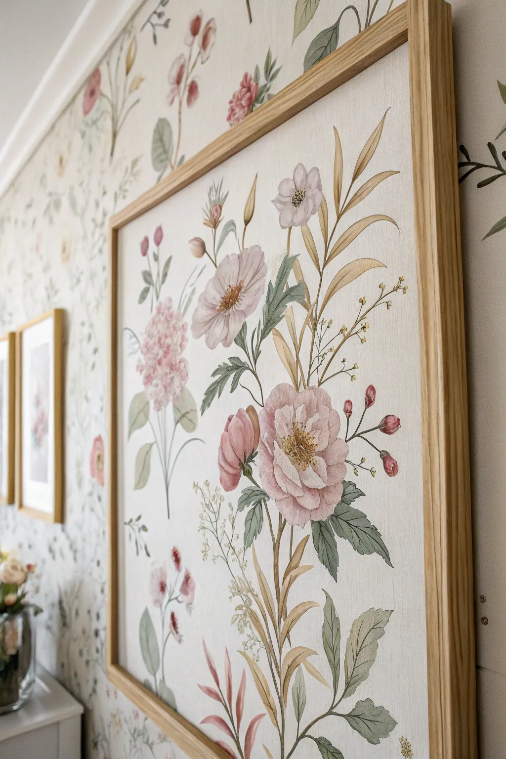Step into a serene vintage oasis with hand-painted floral walls, where simplicity meets timeless elegance.
