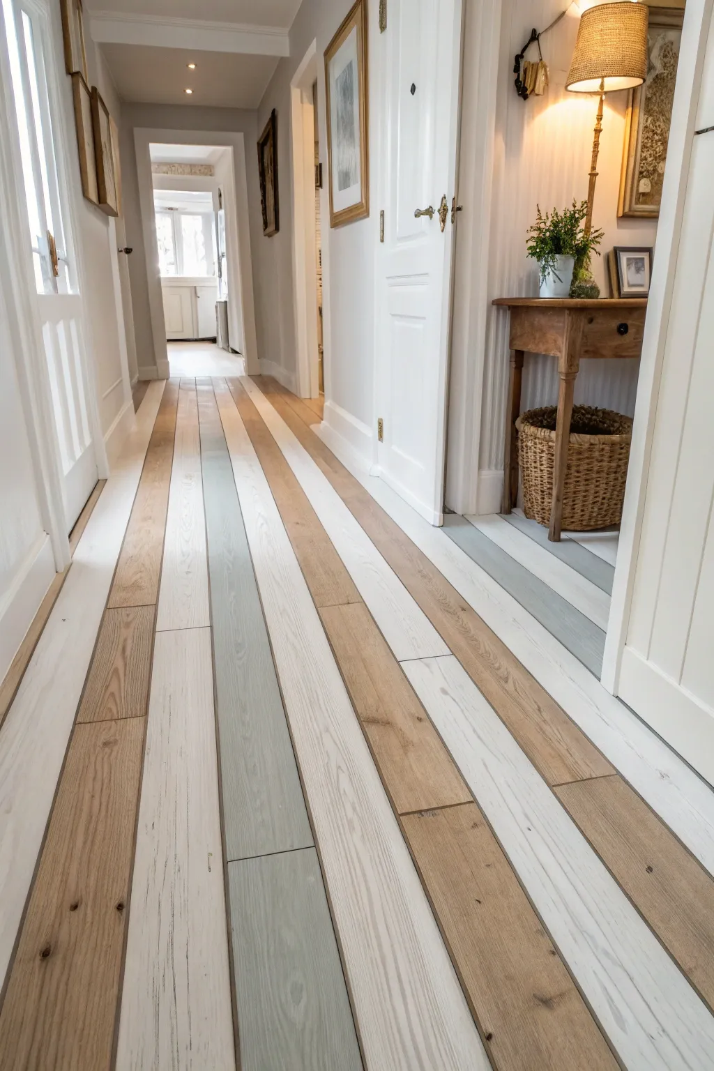 Transform your hallway with the timeless elegance of wide striped wood floors, where simplicity meets sophistication.