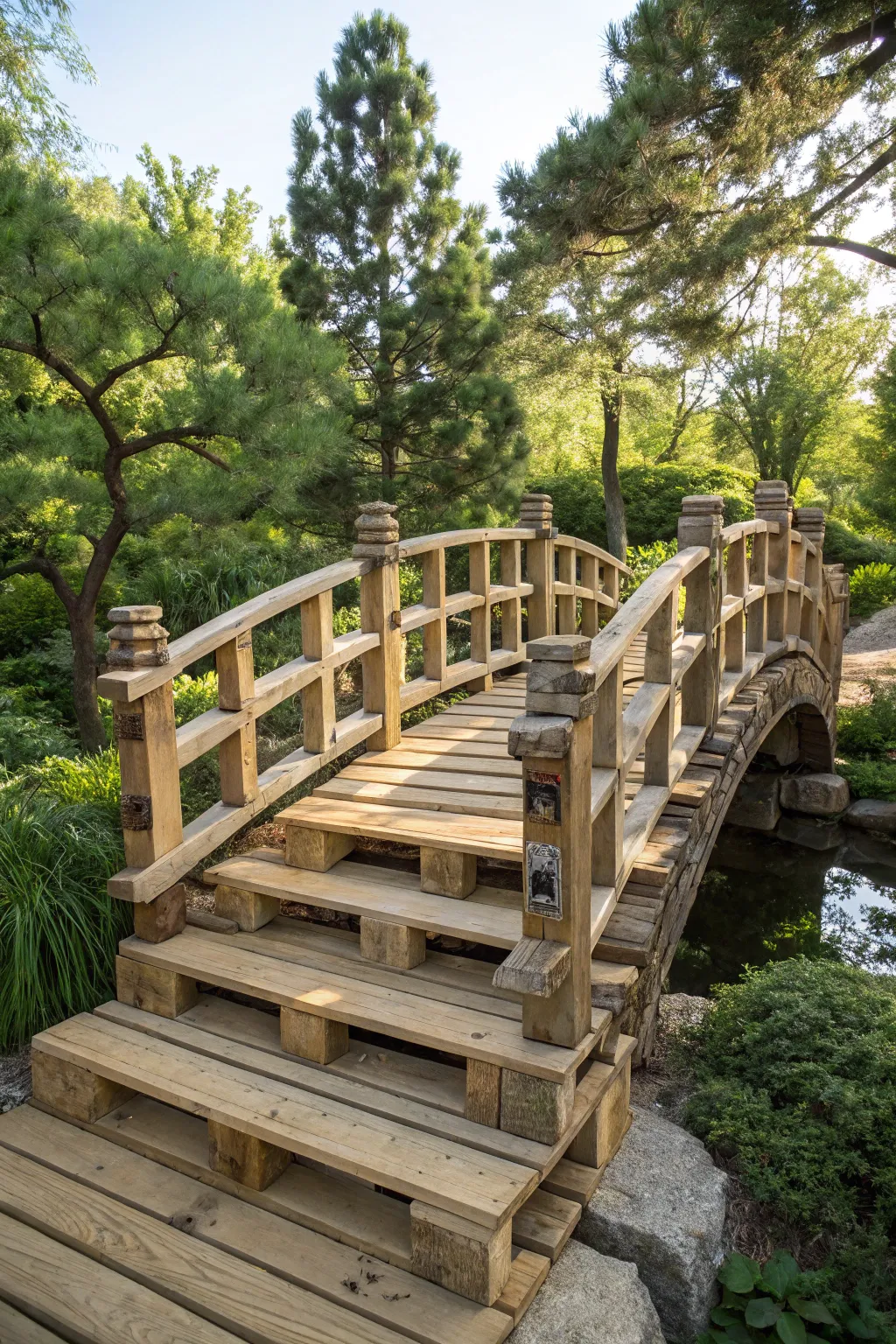Elevate your garden with a multi-level pallet bridge masterpiece.