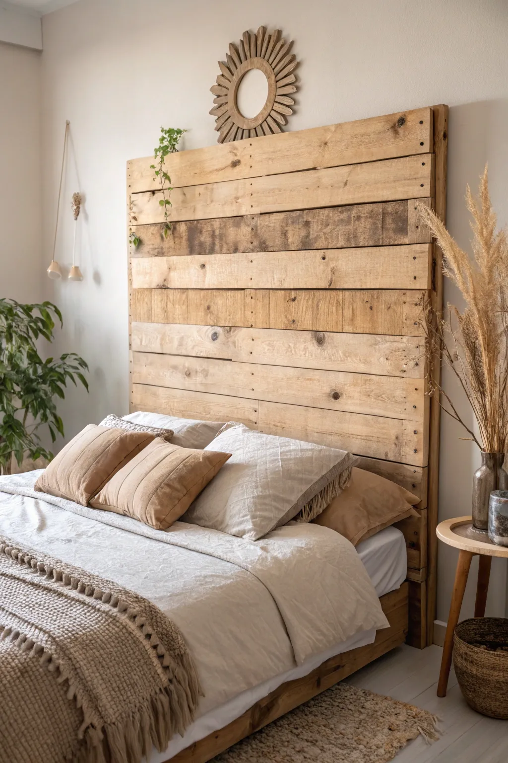 Elevate your bedroom style with a floating pallet headboard that seamlessly blends rustic charm with minimalist elegance.