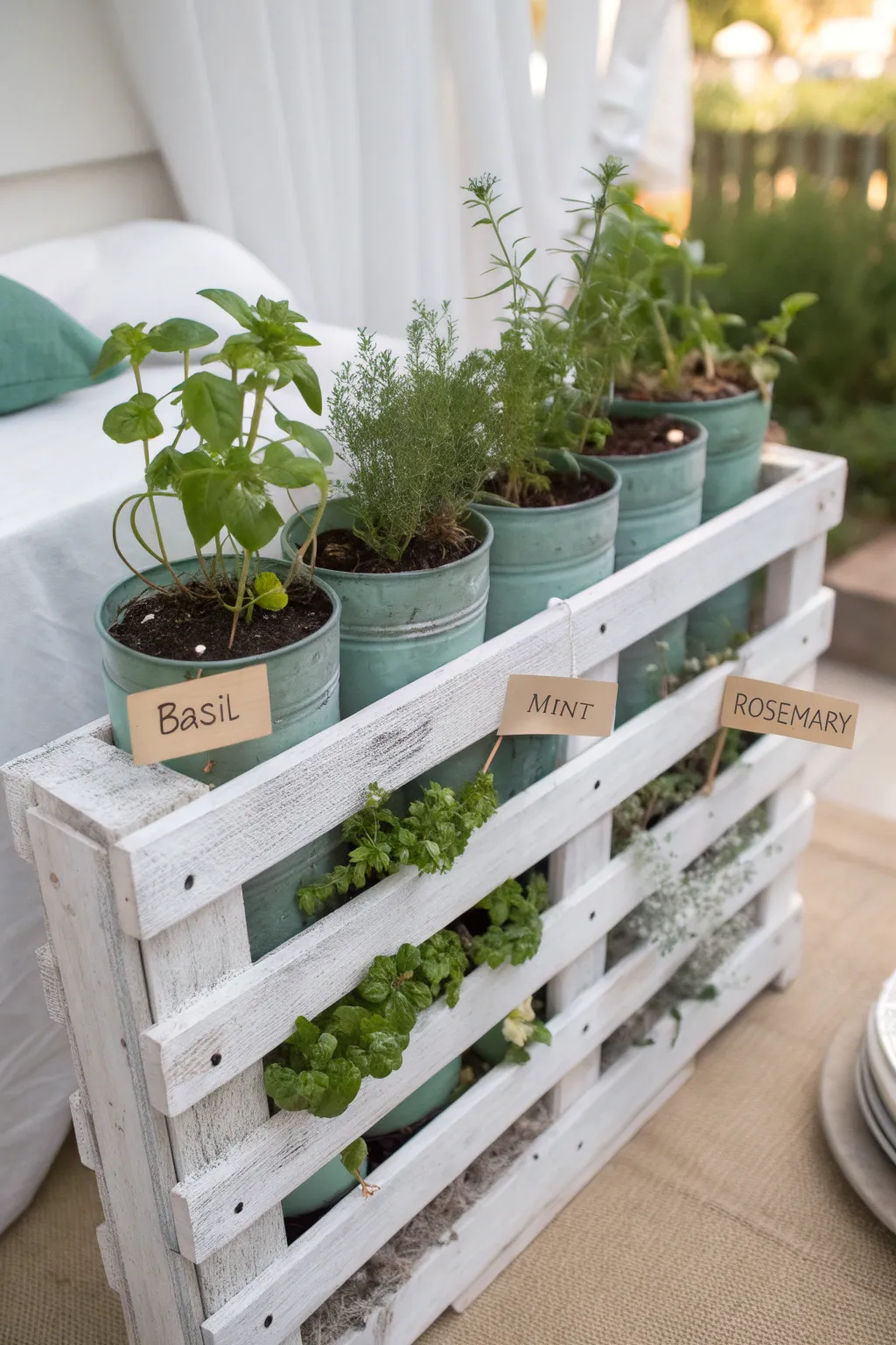 Recycled Elegance: Transform your space with a DIY pallet herb garden that celebrates simplicity and sustainability.