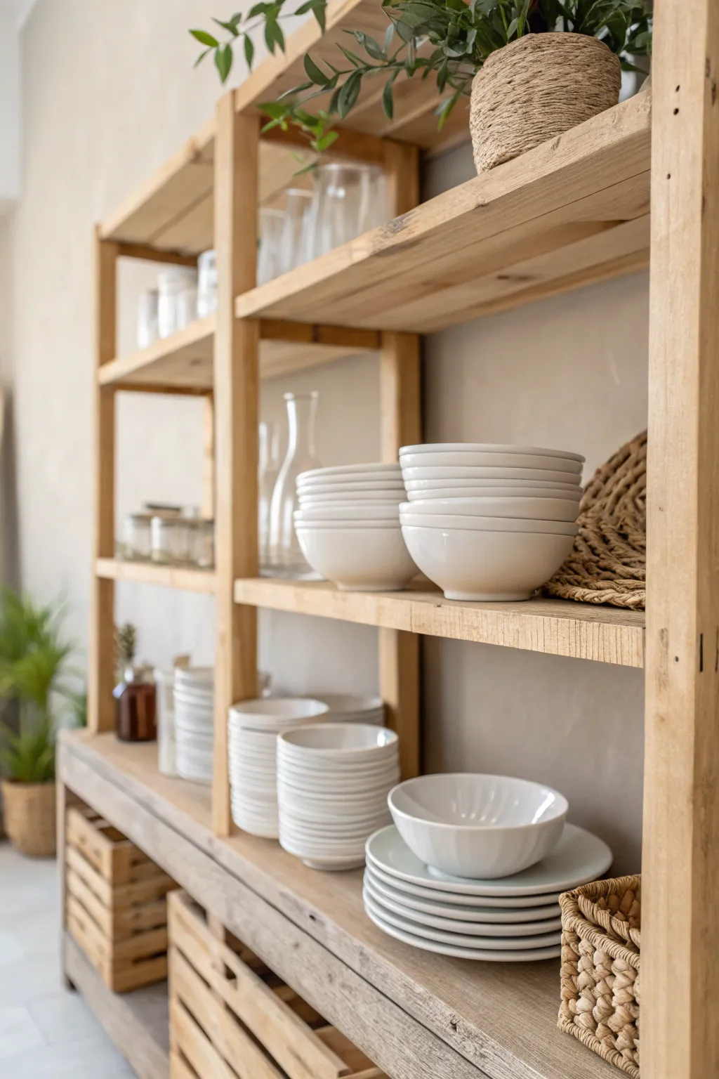 Transform your kitchen into a stylish haven with open pallet shelving that combines beauty with functionality.