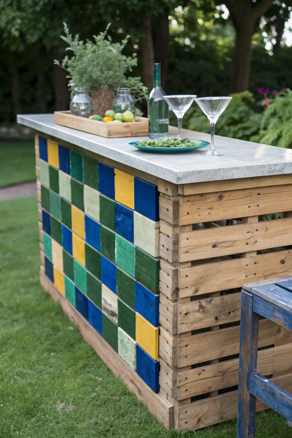 Craftsmanship at its finest: A vibrant tiled countertop transforms this pallet bar into a garden centerpiece.