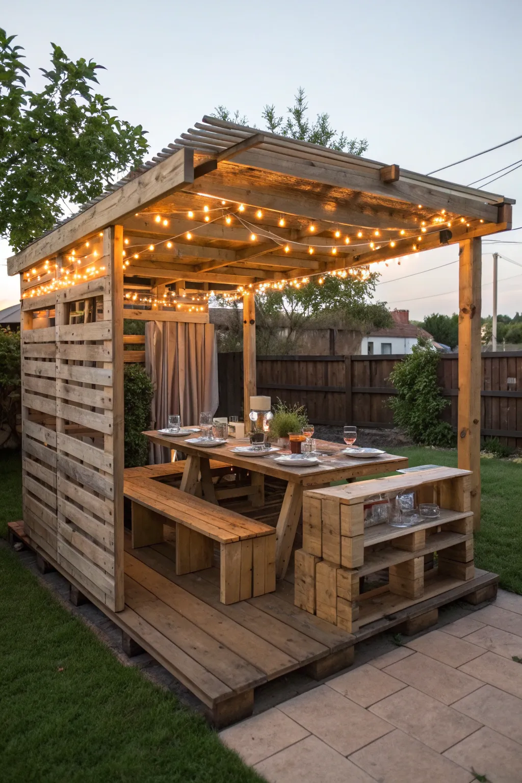 Dine outdoors in style with this handcrafted pallet roof shelter—perfect for cozy evenings under the fairy lights.