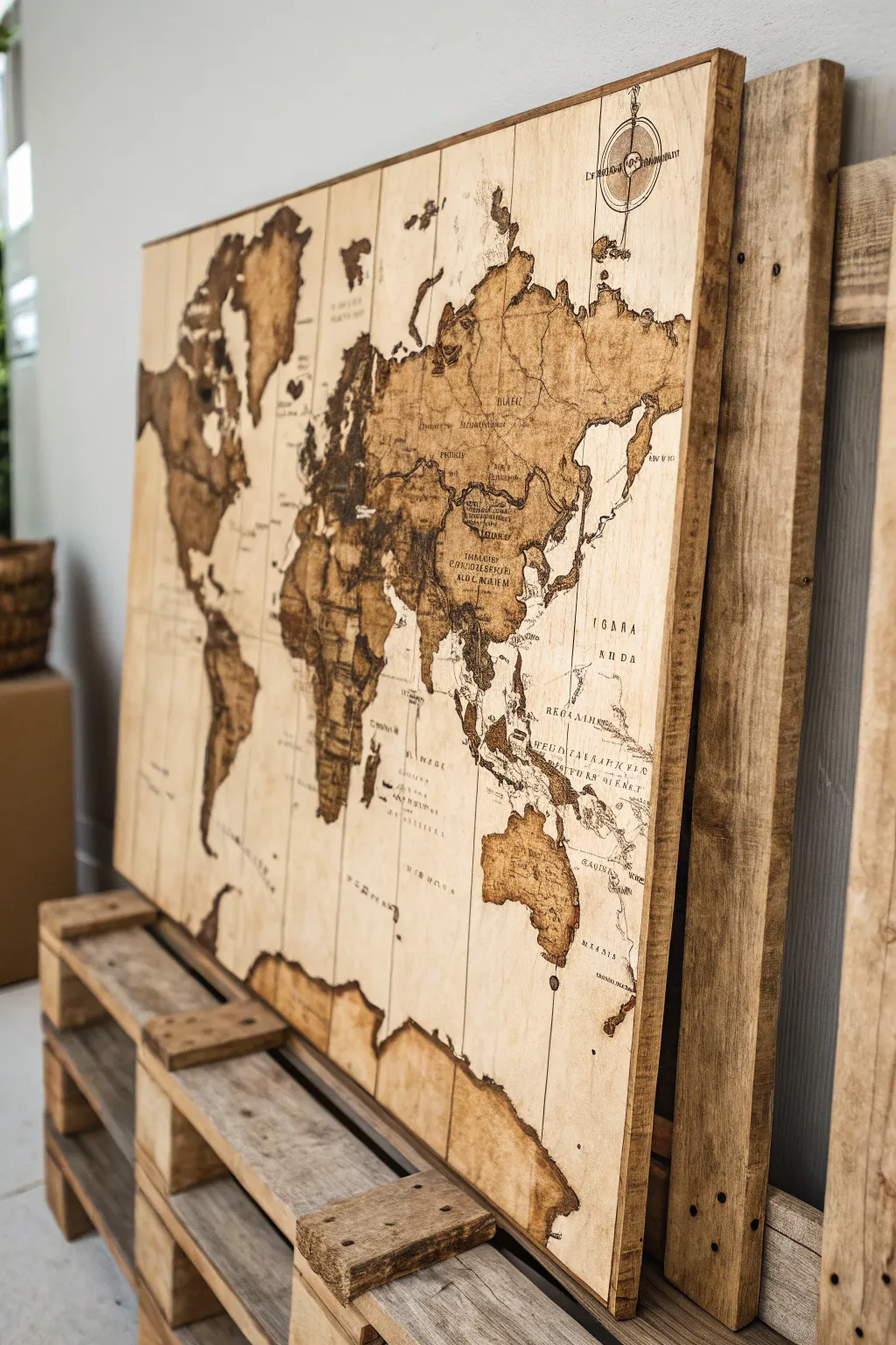 Explore the world from your home with this charming vintage map on pallet wood, blending nostalgia with natural beauty.