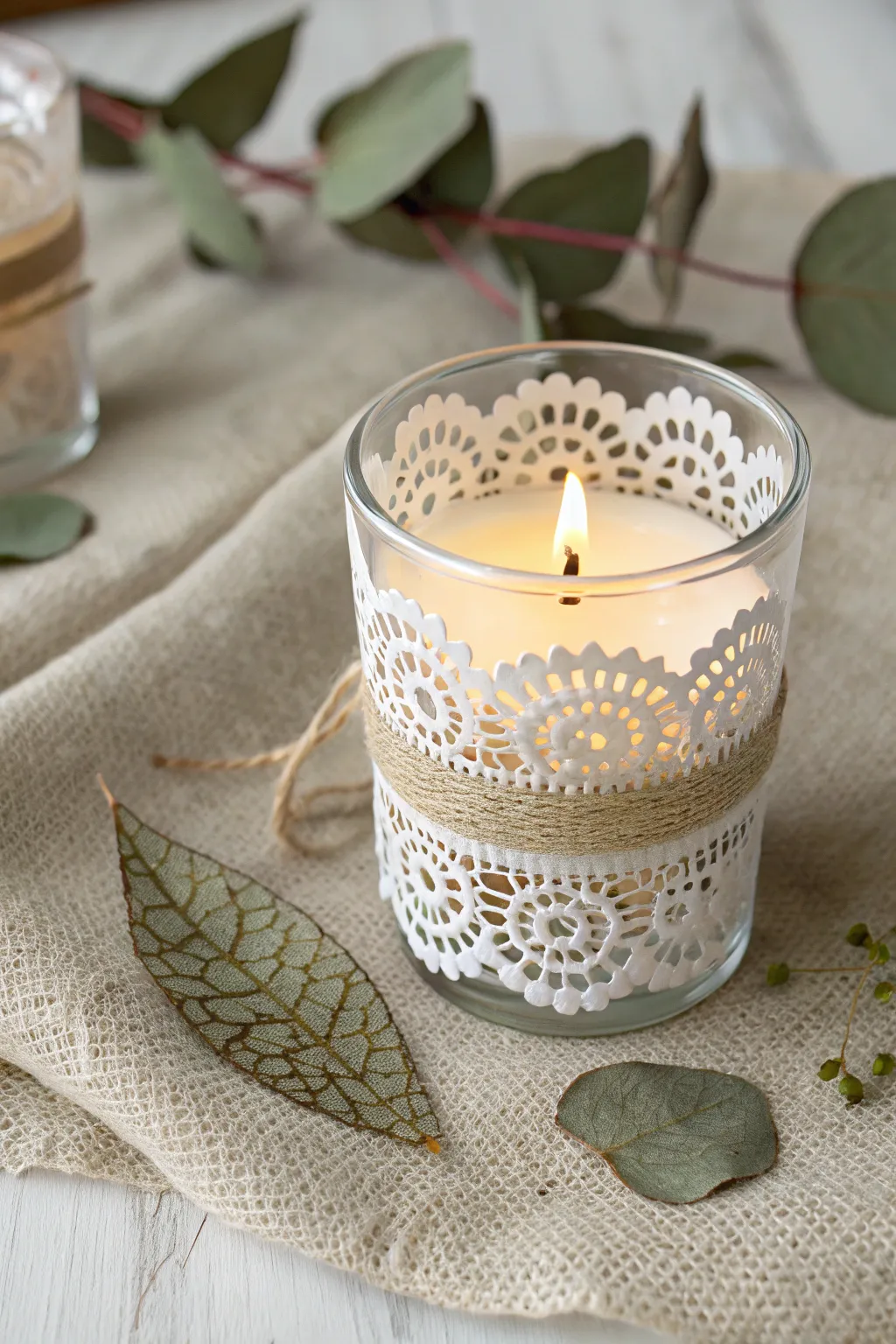 Add a touch of romance to your evening with doily-covered votives, blending minimalist elegance with boho charm.