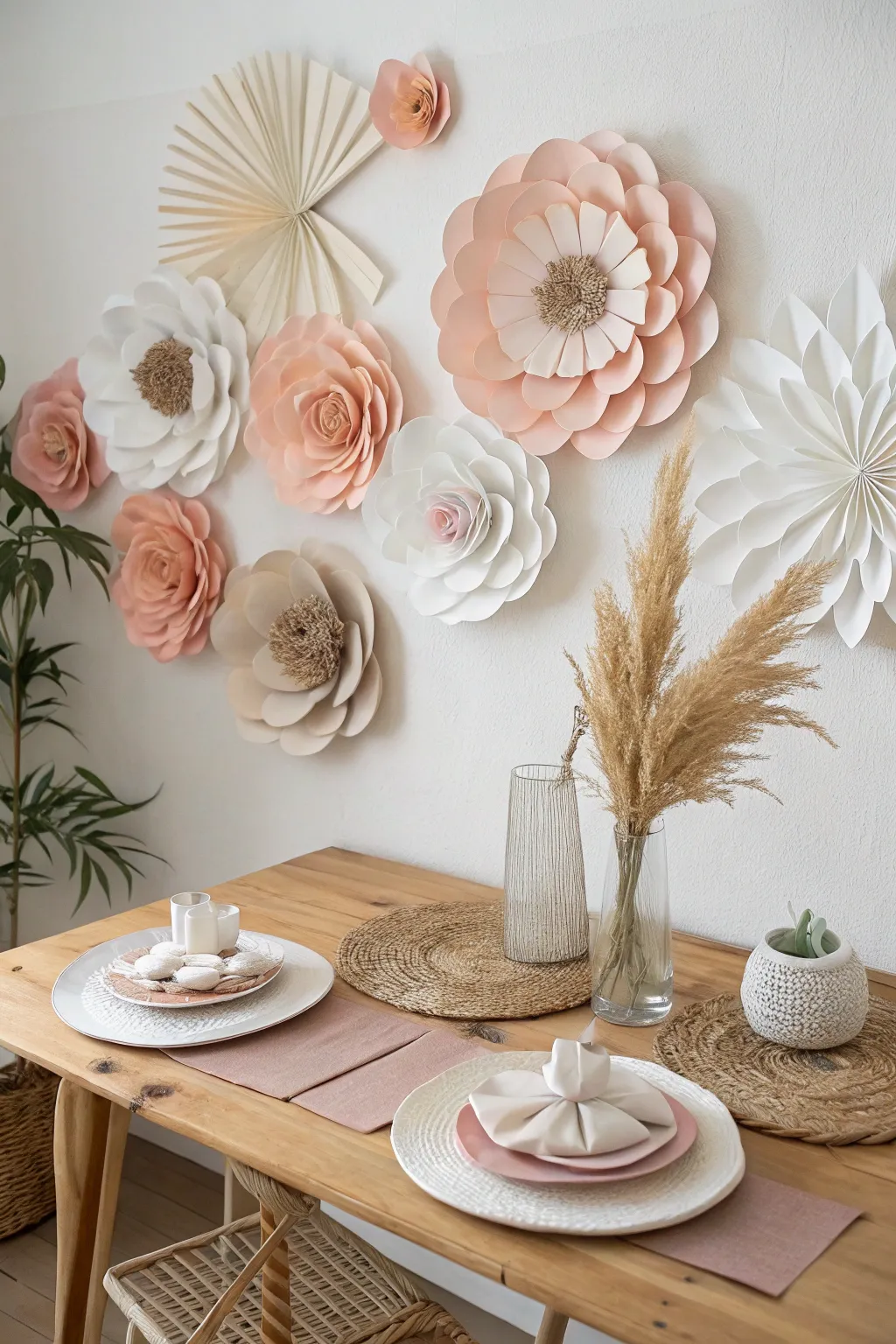 Elevate your tablescape with a paper flower backdrop that seamlessly ties it all together. 🌸✨ #MinimalistBeauty #ScandiBoho