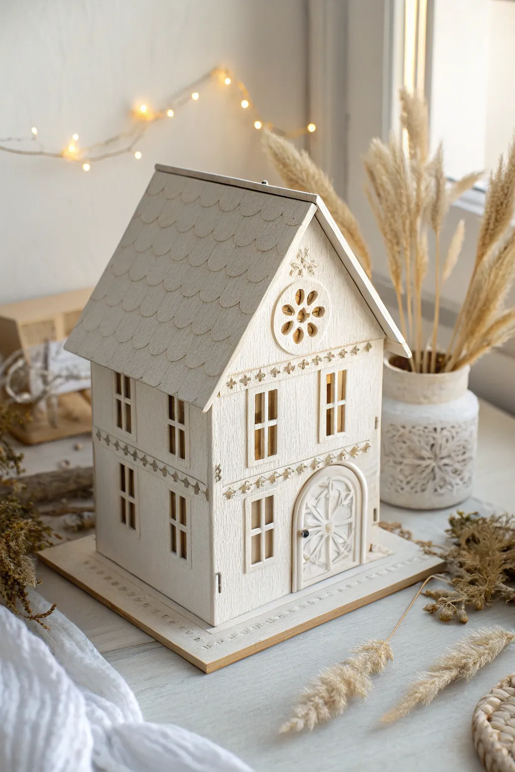 Discover the charm of functional art with this exquisite paper mache house, perfect for organizing craft supplies with style.