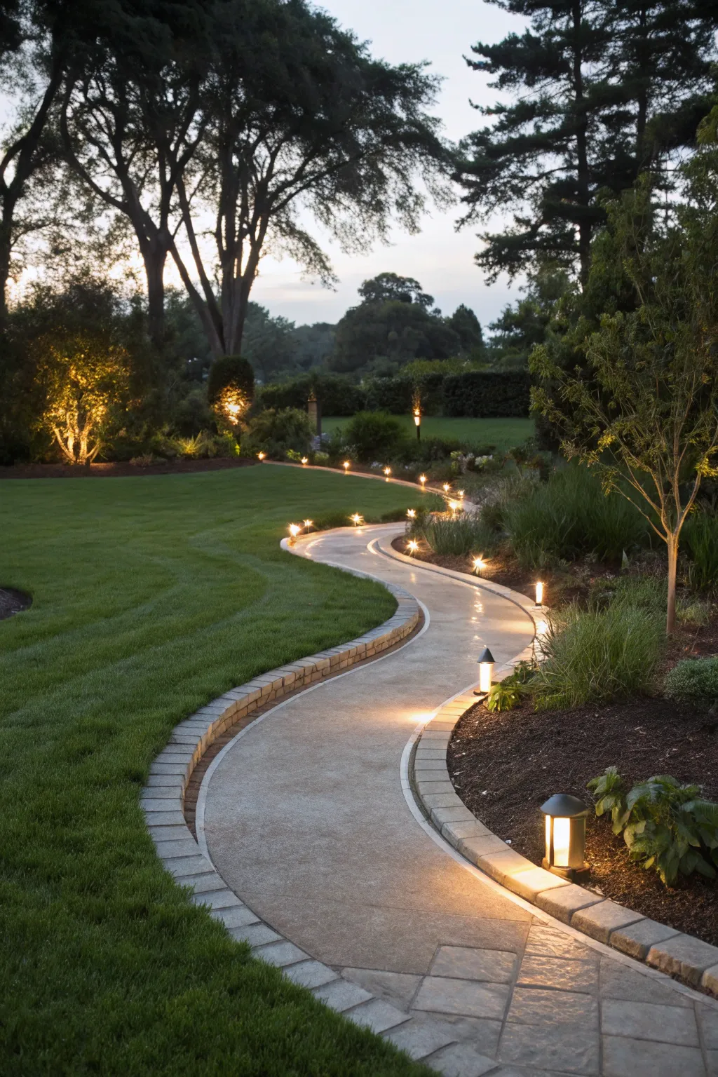 Lighting that follows the path's curves enhances the garden's natural flow.