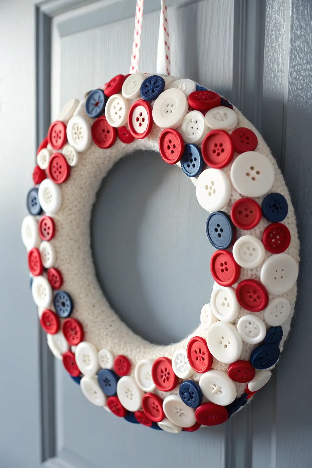 Craft your own patriotic charm with this playful button wreath, perfect for adding a touch of whimsy to any space.