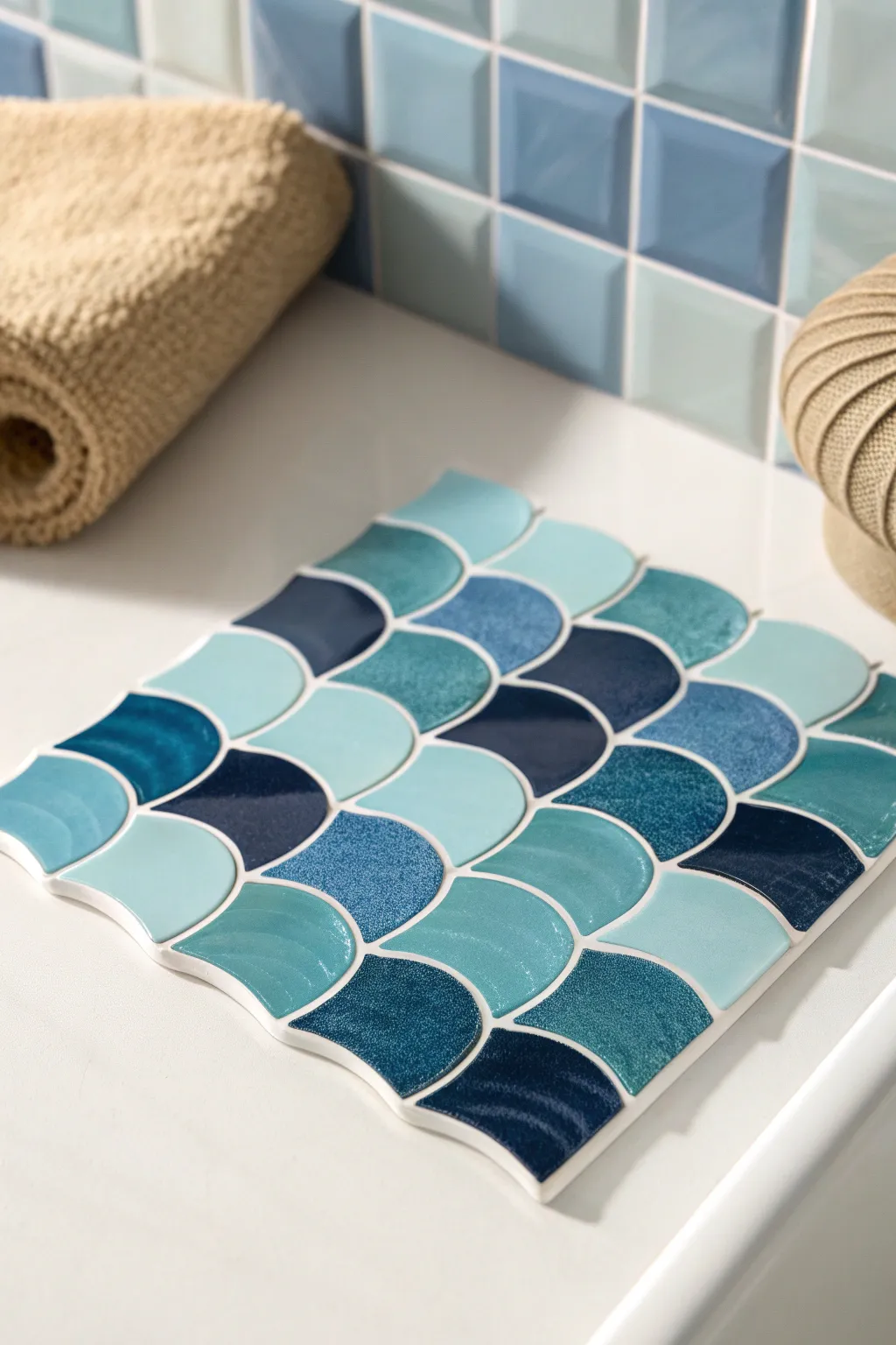 Dive into tranquility with ocean-inspired blue tiles for a serene bathroom escape.