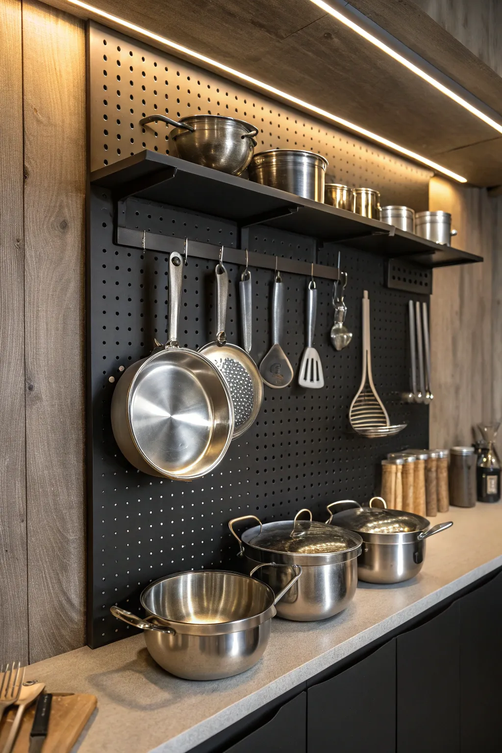 Transform your kitchen into a chef's paradise with a chic pegboard display.