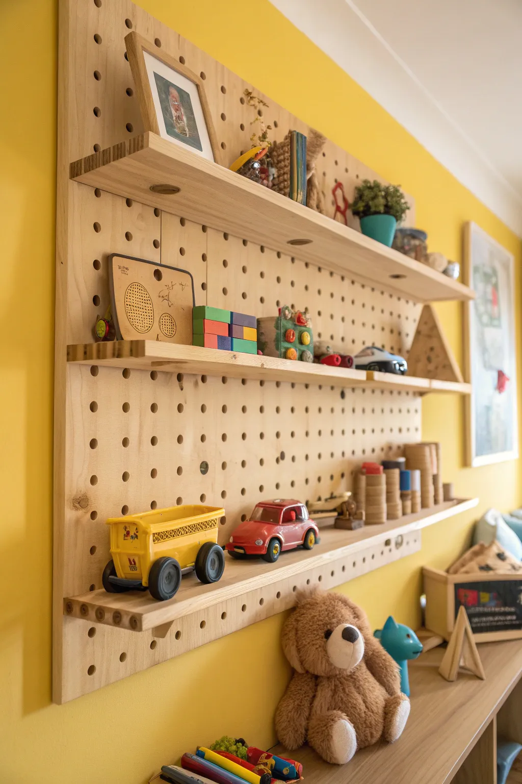 Turn playtime into art with a beautifully crafted pegboard toy display.