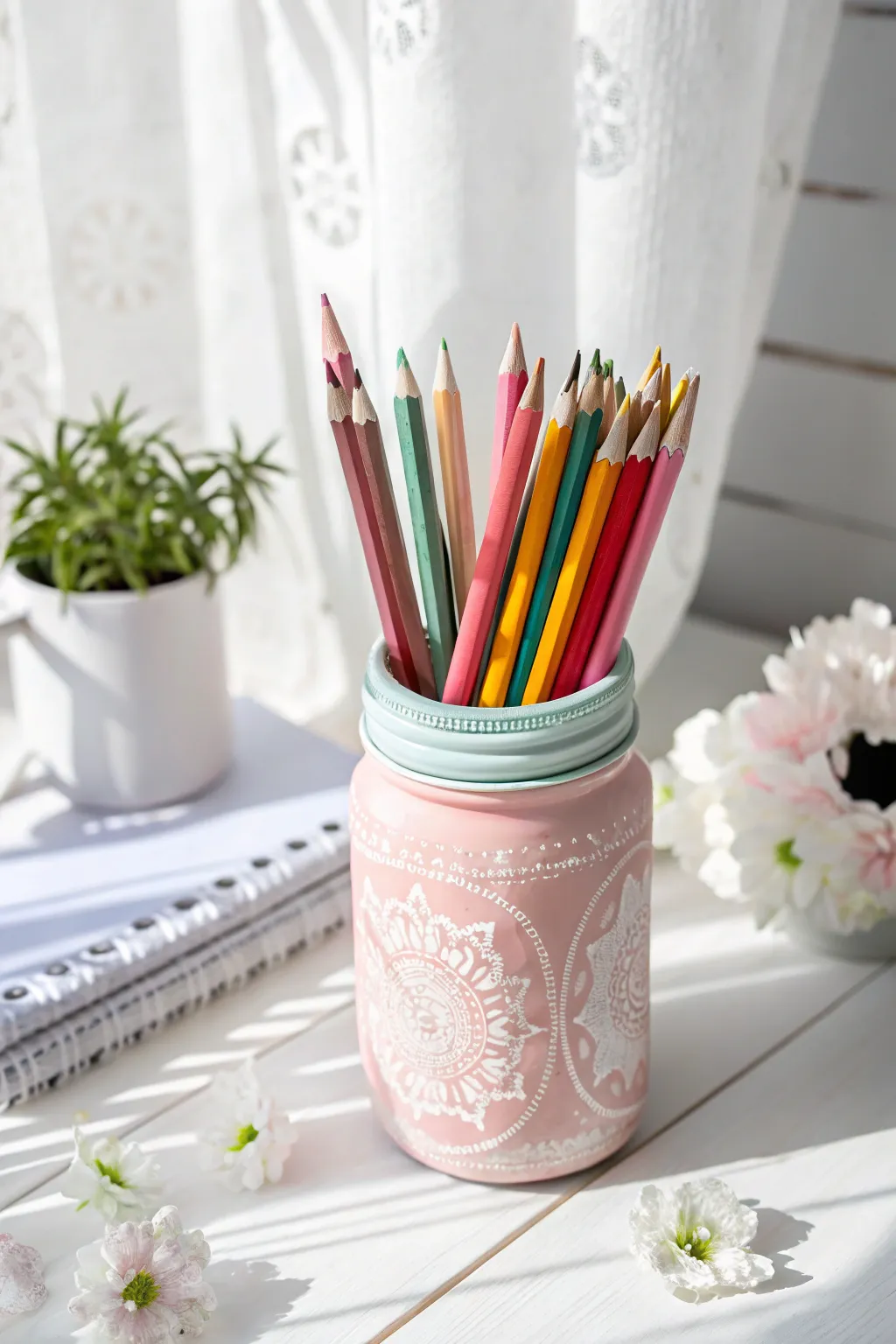 Elevate your workspace with this charming upcycled glass jar pencil holder, where minimalism meets boho elegance.