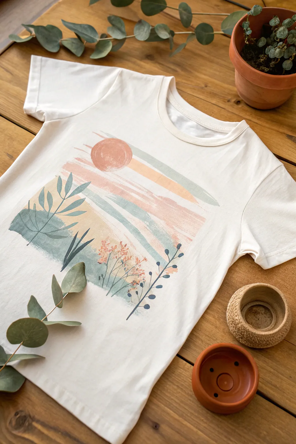 Transform your tee into a canvas with artistic overlays—embrace simplicity and natural beauty.