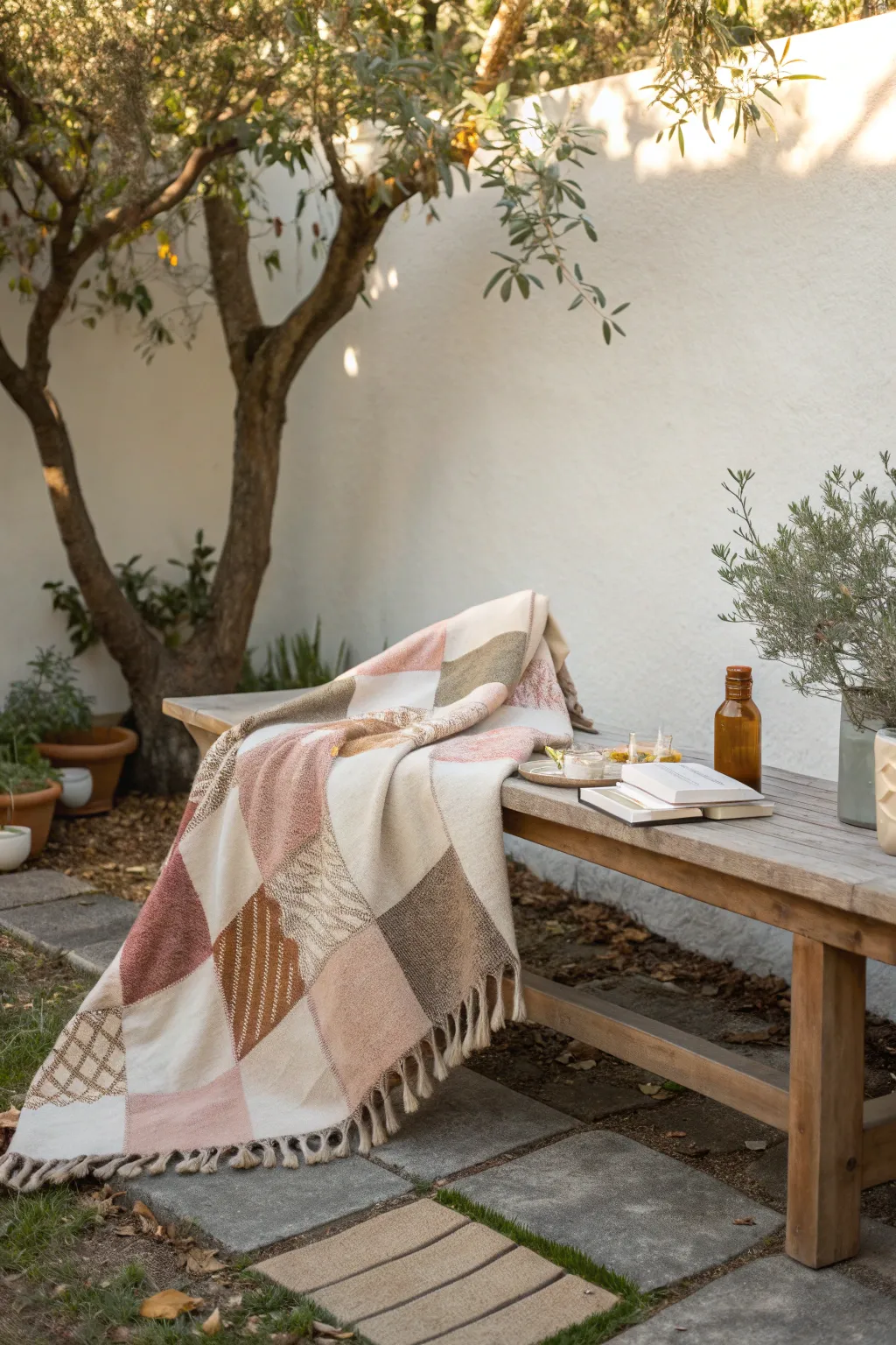 Embrace the art of mixing materials with this cozy, textured picnic blanket design—perfect for a serene, stylish outdoor escape.
