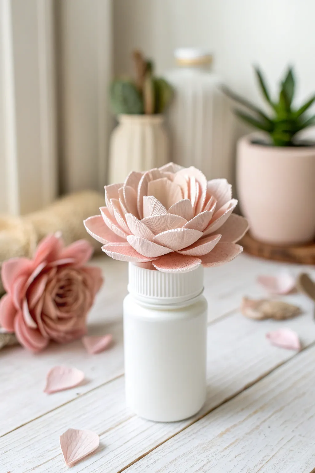 Elevate your decor with this charming pill bottle flower craft. Perfect for a touch of everlasting beauty.
