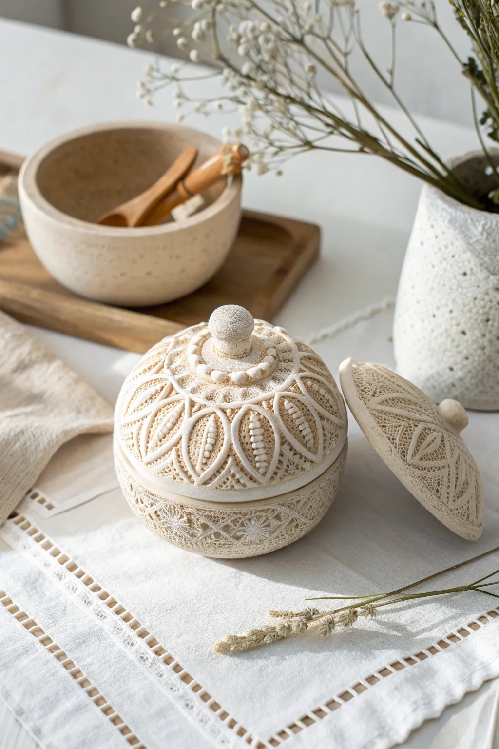 Delicate textures meet minimalist design in this beautifully crafted pinch pot rattle. Perfect for adding a touch of elegance to any space.