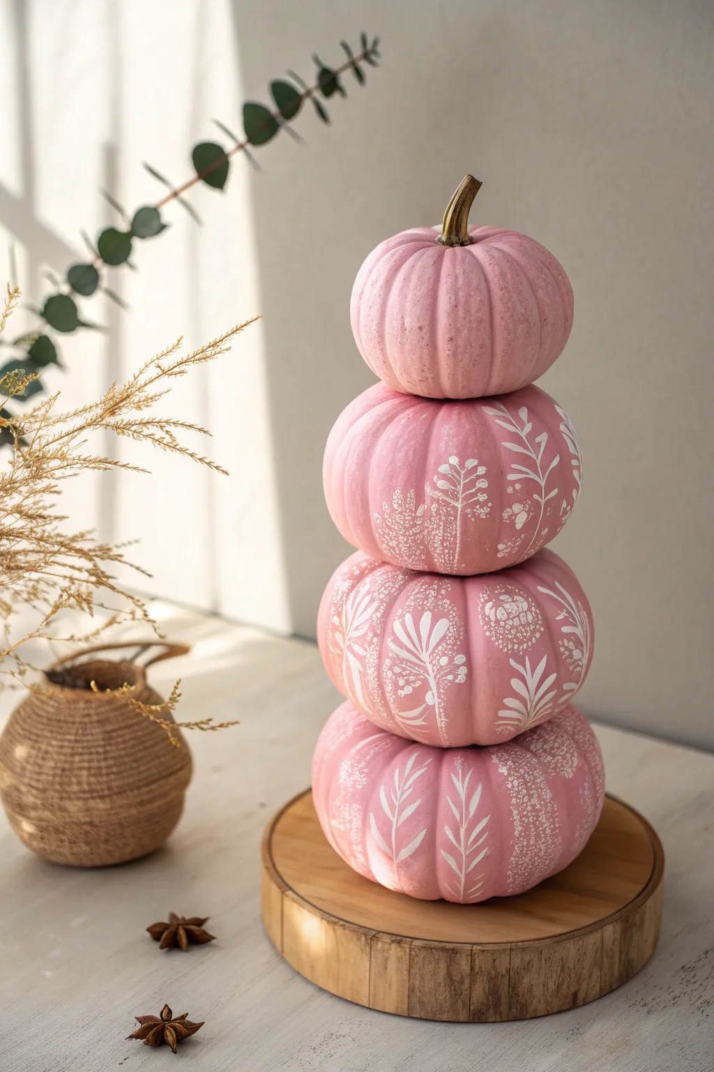 Elevate your autumn decor with a chic pink pumpkin topiary, blending minimalist elegance with boho charm.