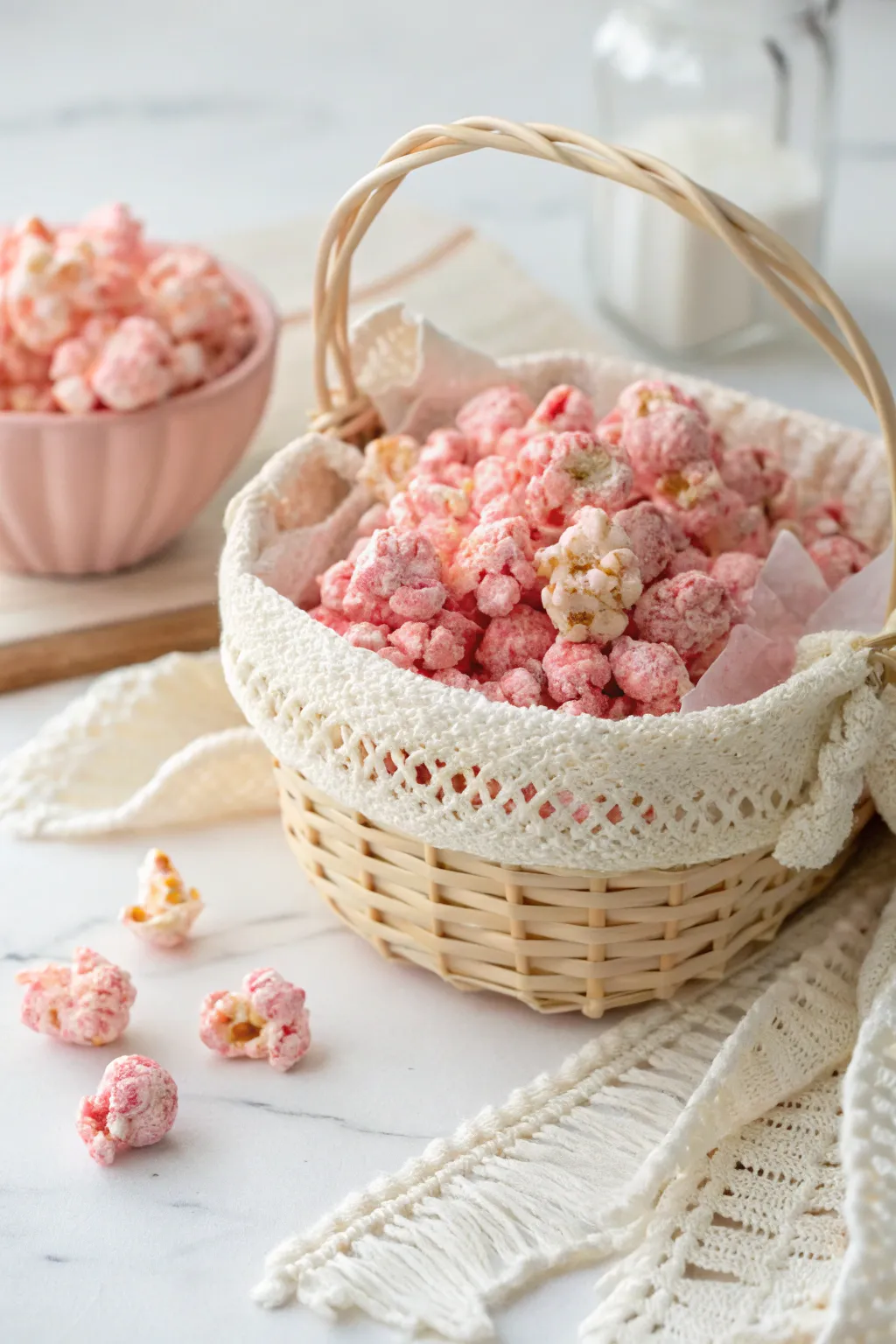 Indulge in the sweet surprise of gourmet strawberry popcorn - a pink delight for your senses.