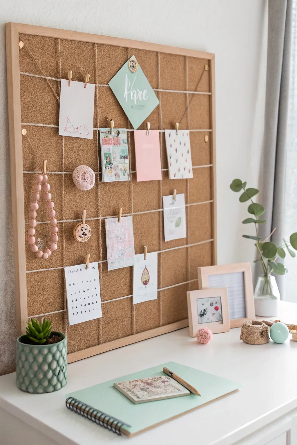 Elevate your inspiration space with a color-coordinated cork board that exudes minimalist elegance and Boho warmth.