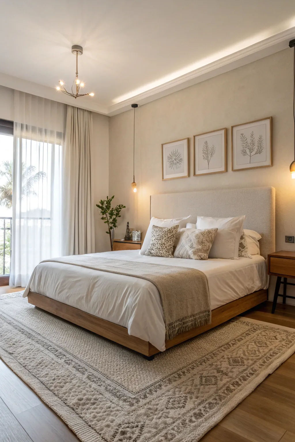 Neutral tones in platform bed design for a soothing bedroom environment.