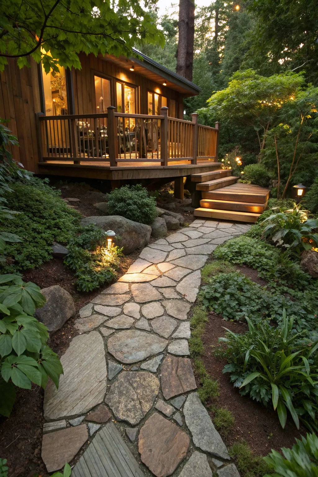 Step into sophistication with a stone pathway that guides you to your perfect retreat.