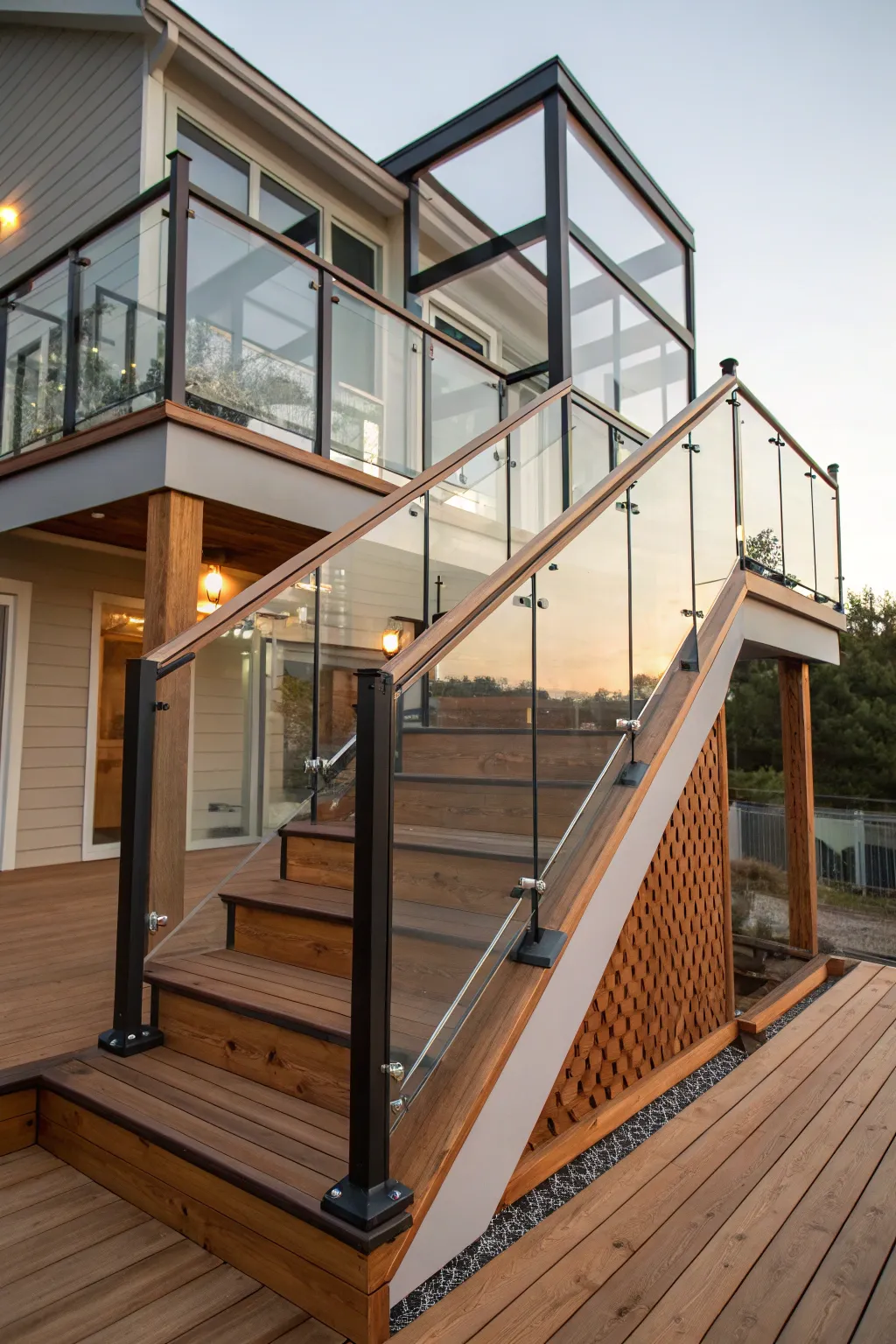 Elevate your outdoor space with seamless plexiglass railings for a modern and open deck design.