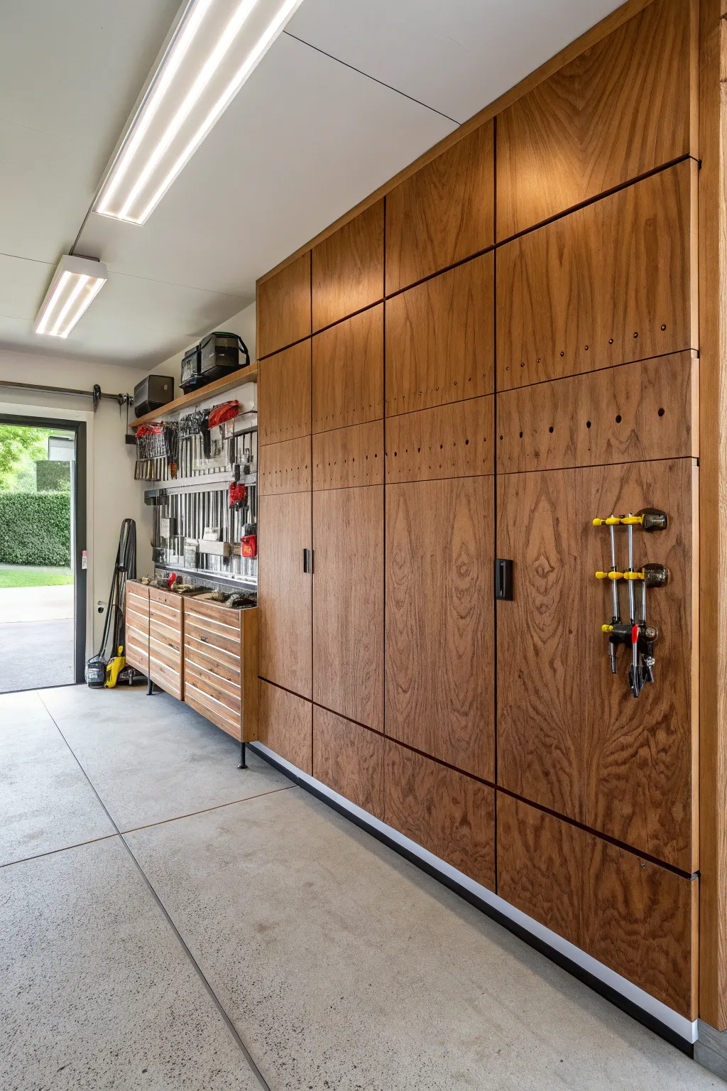 Witness the transformation: A once ordinary garage now showcases the artistry of plywood craftsmanship.