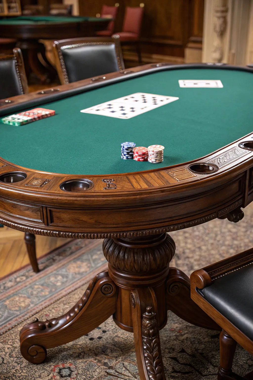 Step into a classic poker scene with this stunning green felt table, where tradition meets elegance.