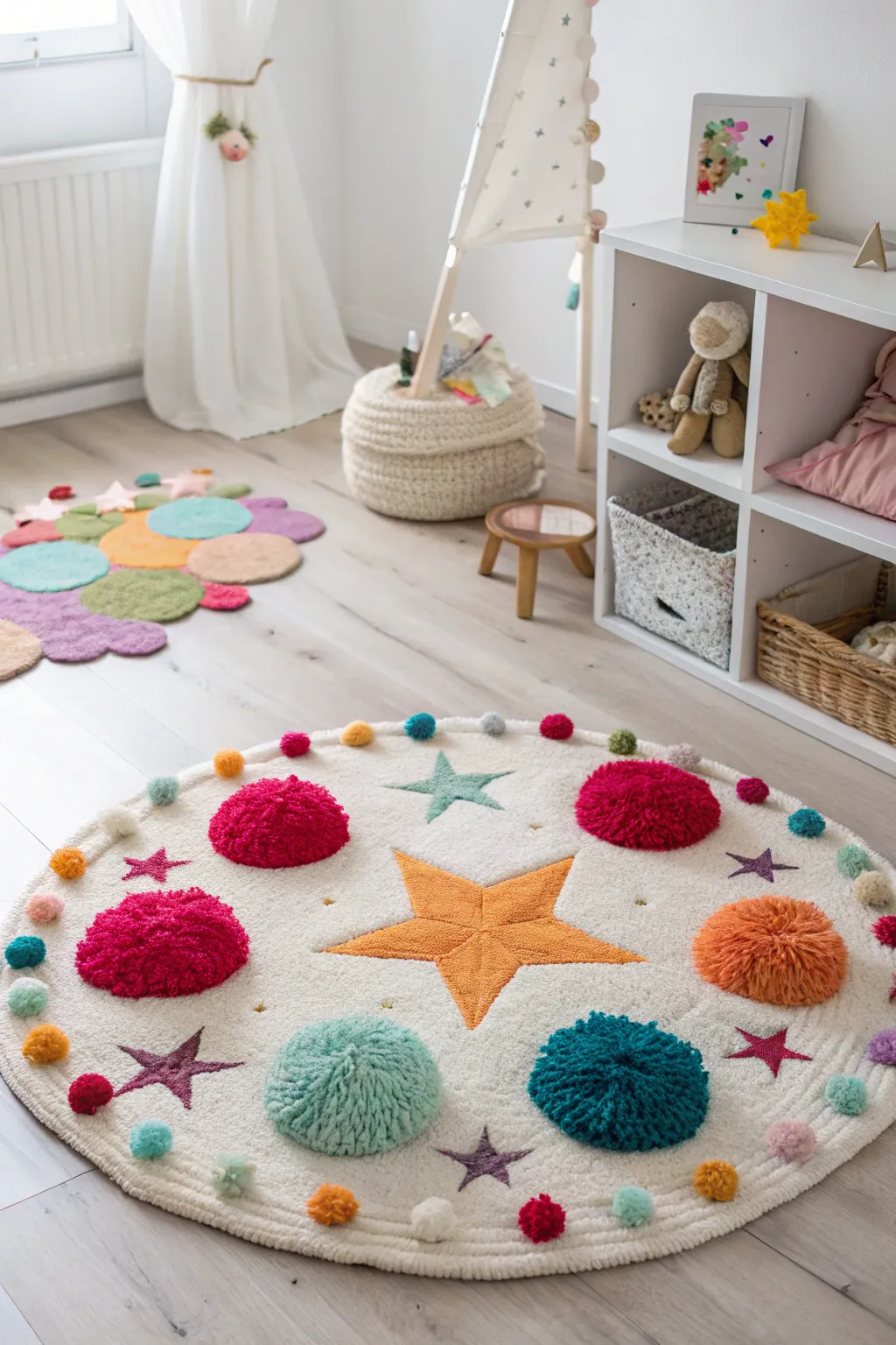 Add a pop of fun and color to your child's room with this handcrafted pom pom rug!