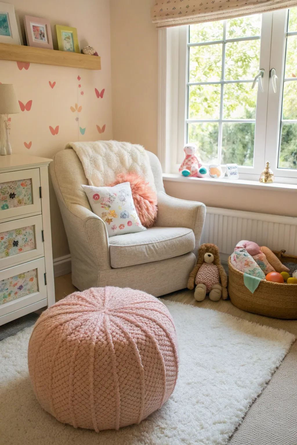 A poof adds a cozy touch to this serene nursery.
