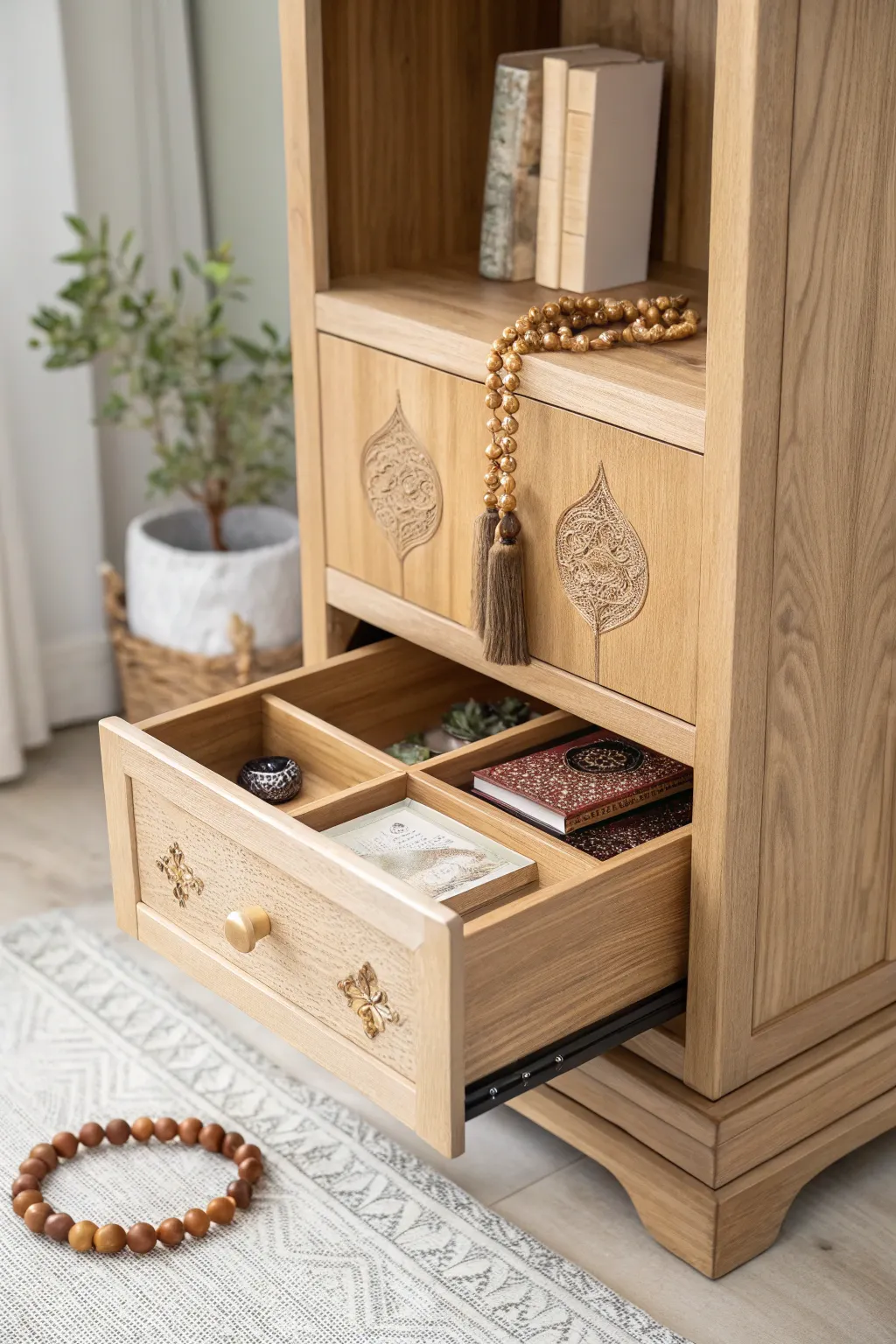 Discover the elegance of hidden storage in your pooja mandir—where simplicity meets functionality.