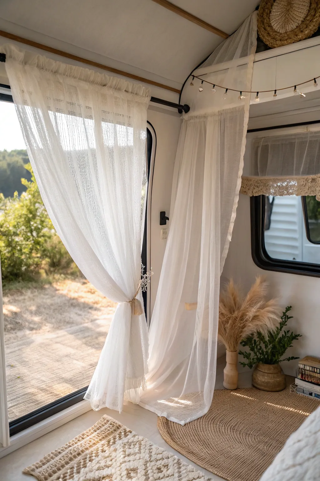 Embrace the beauty of sunlight with sheer elegance in your camper.