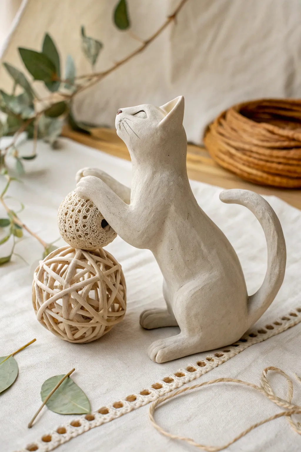 Delight in the charm of a curious cat's playful moment, captured in elegant pottery.