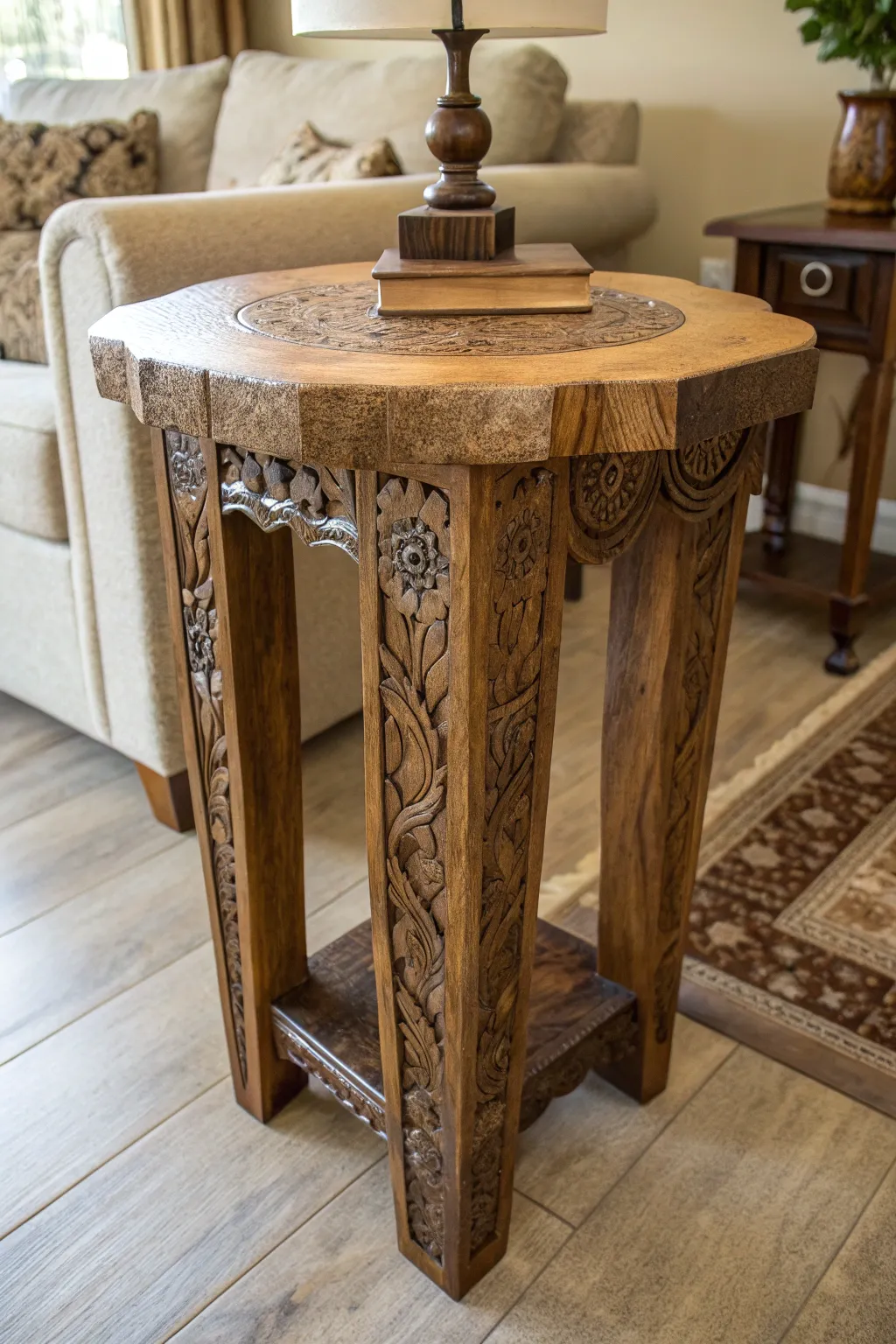 Elevate your living room with a handcrafted textured end table that speaks volumes about craftsmanship and style.