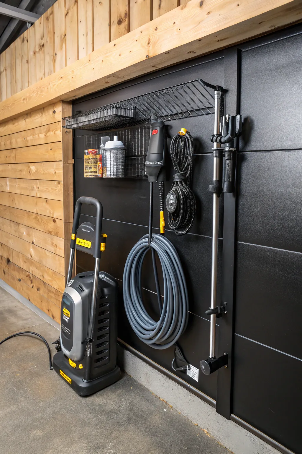 Elevate your storage game with this sleek, space-saving pressure washer setup.