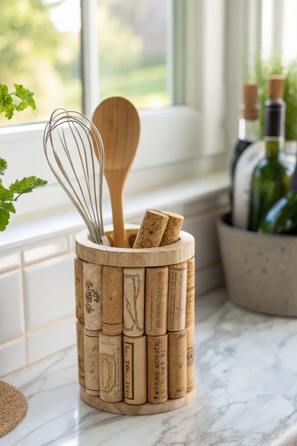Transform wine corks into elegant kitchen organizers with a touch of natural charm.