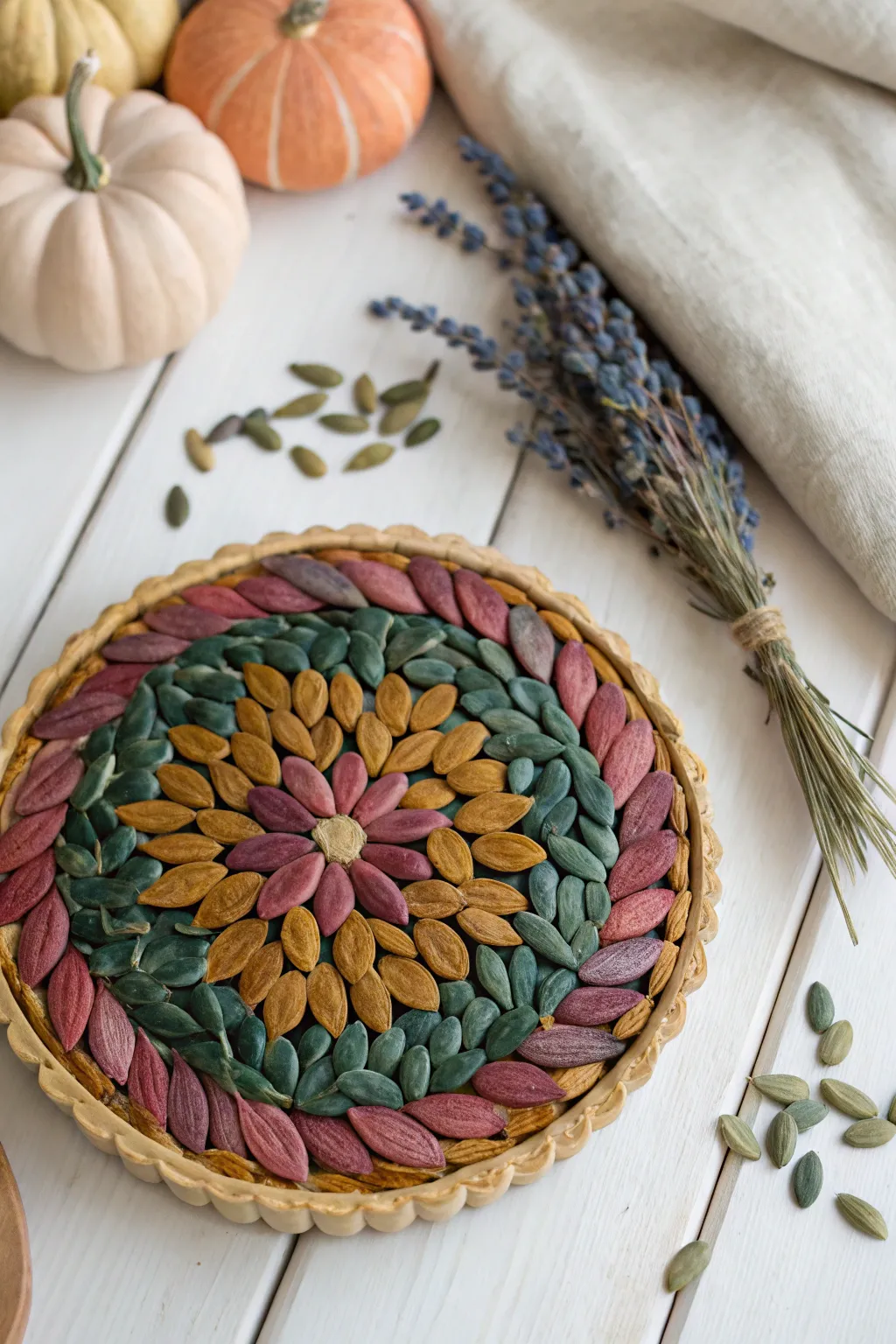 Transform ordinary pumpkin seeds into a stunning mosaic masterpiece with vibrant colors and a touch of bohemian charm.