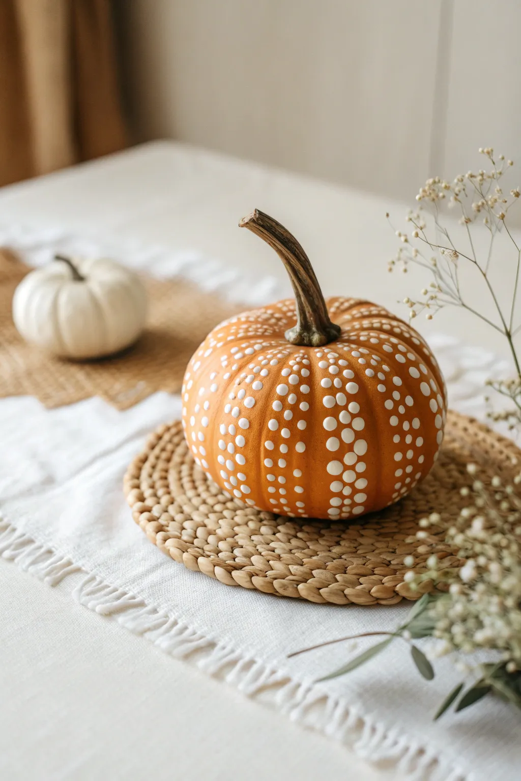 Embrace the charm of simplicity with these delightful dot-painted pumpkins.