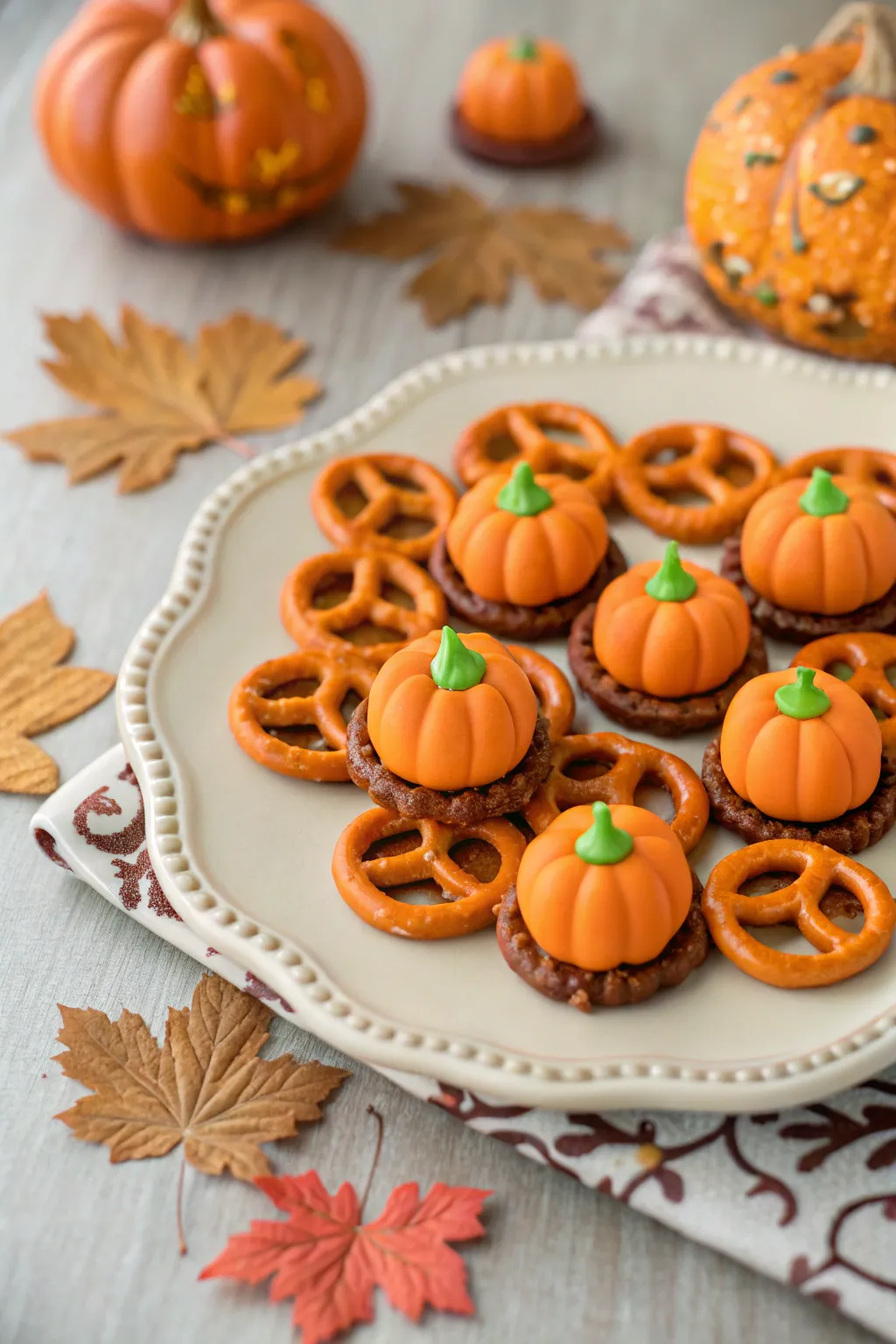 Adorable mini pretzel pumpkins that are a sweet-salty delight.