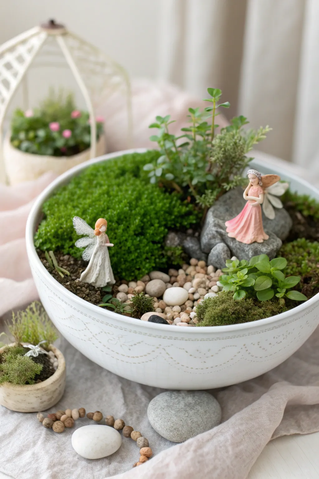 Step into a world of enchantment with this DIY fairy garden, elegantly nestled in a punch bowl. Perfect for adding a touch of whimsy to your home decor.
