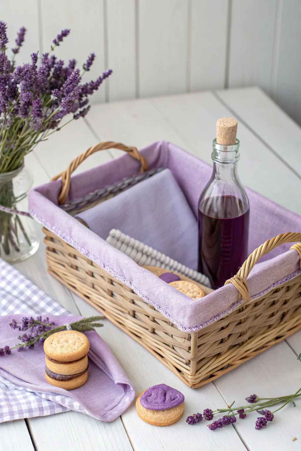 Embrace simplicity and style with a purple-themed picnic basket, perfect for a sunny afternoon escape.