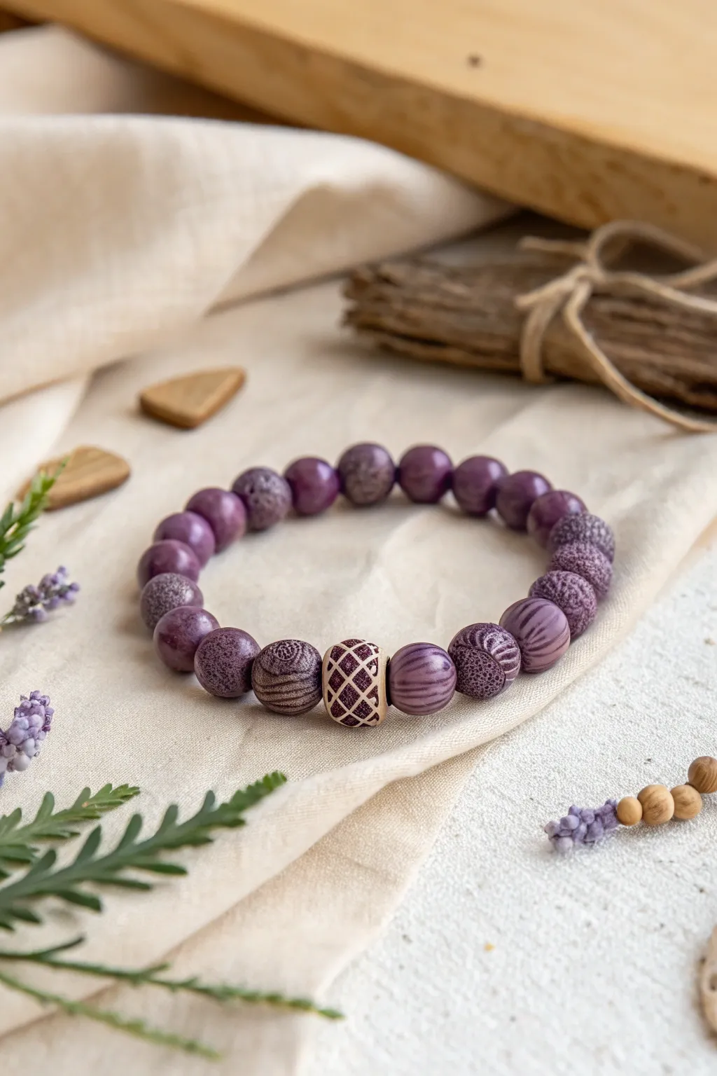 Embrace the art of simplicity with a purple clay bead bracelet that dances with light and texture.
