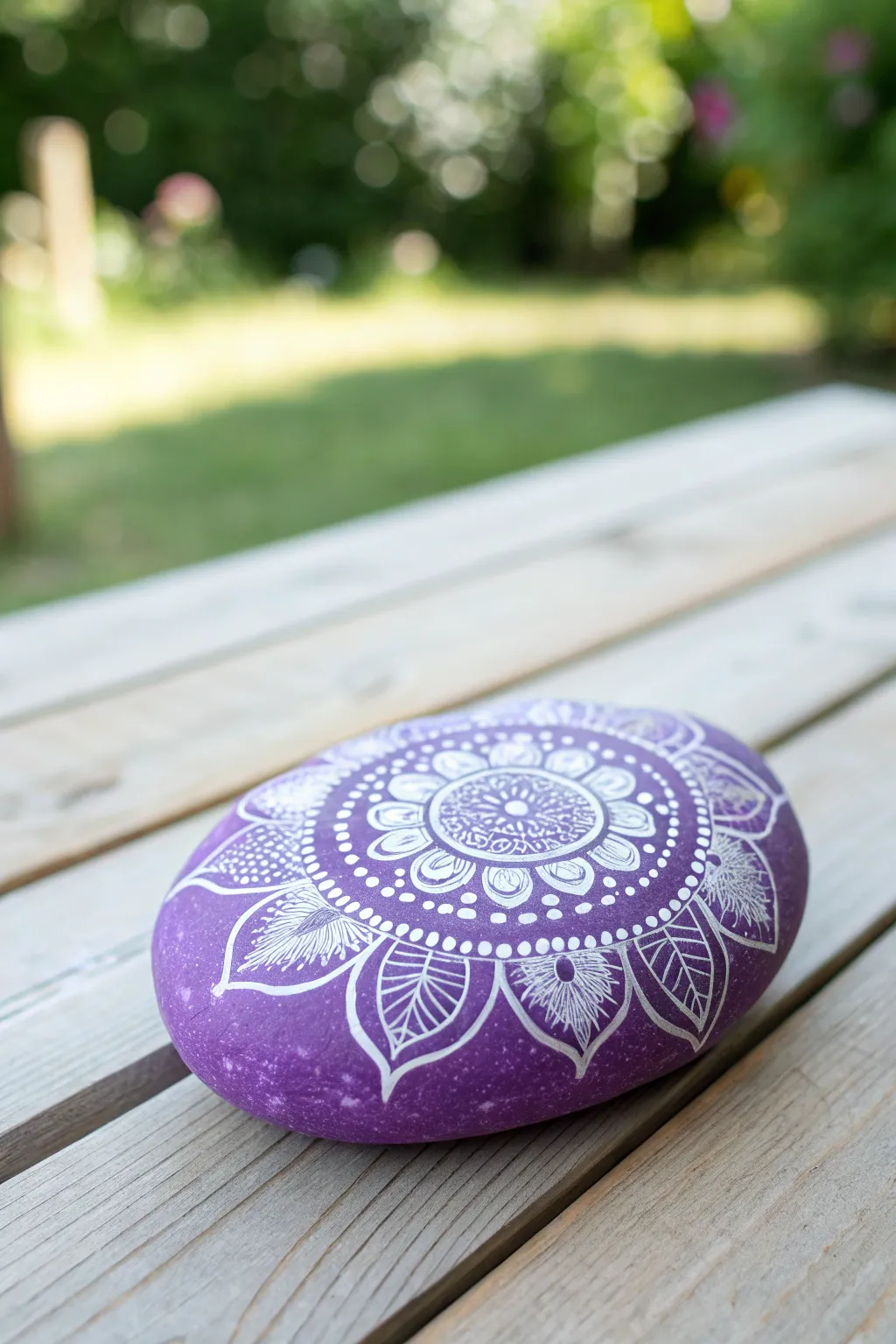 Embrace simplicity and creativity with this beautifully painted purple rock, a perfect touch of artistry for your garden.