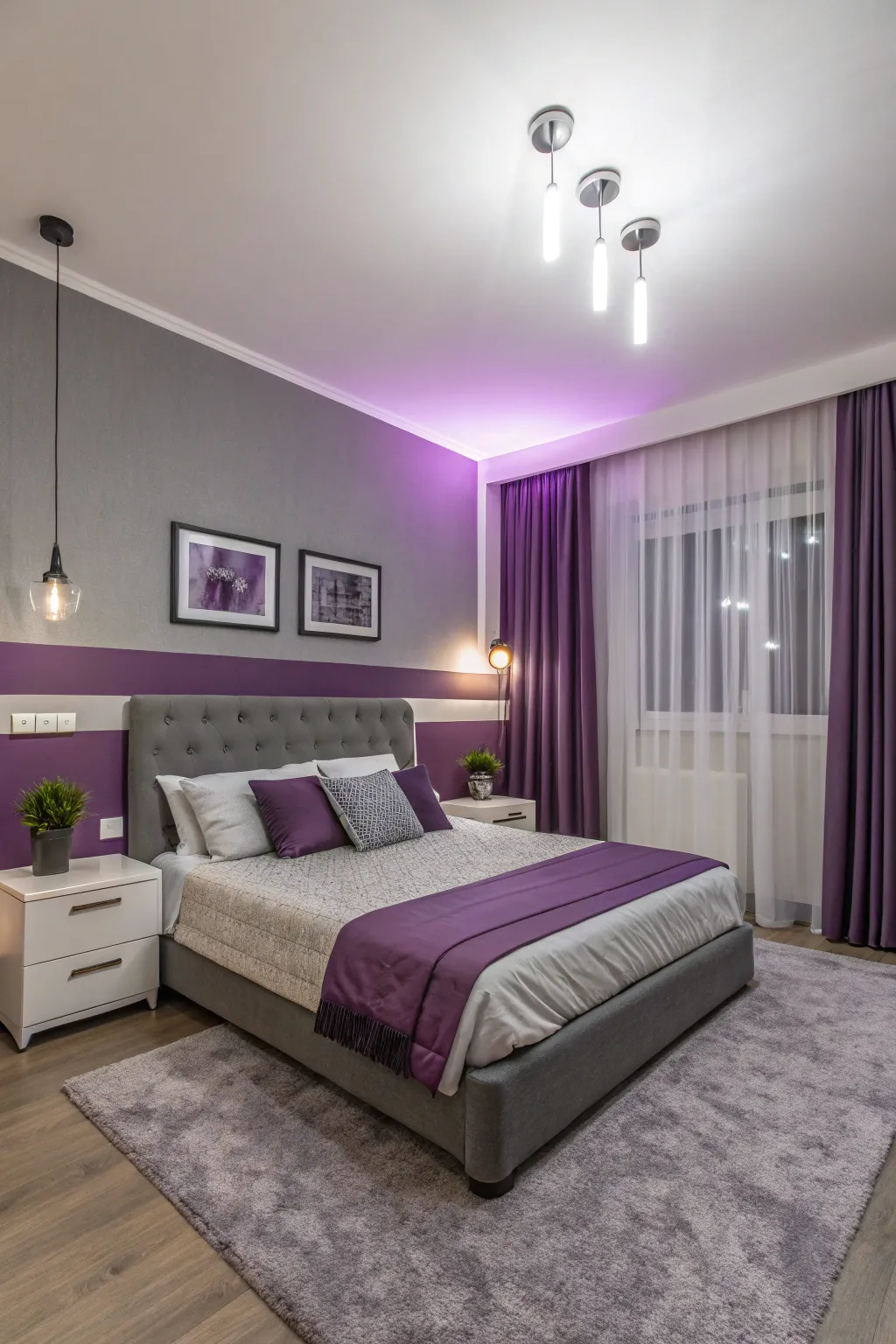 Gray balances purple for a modern and cool palette.