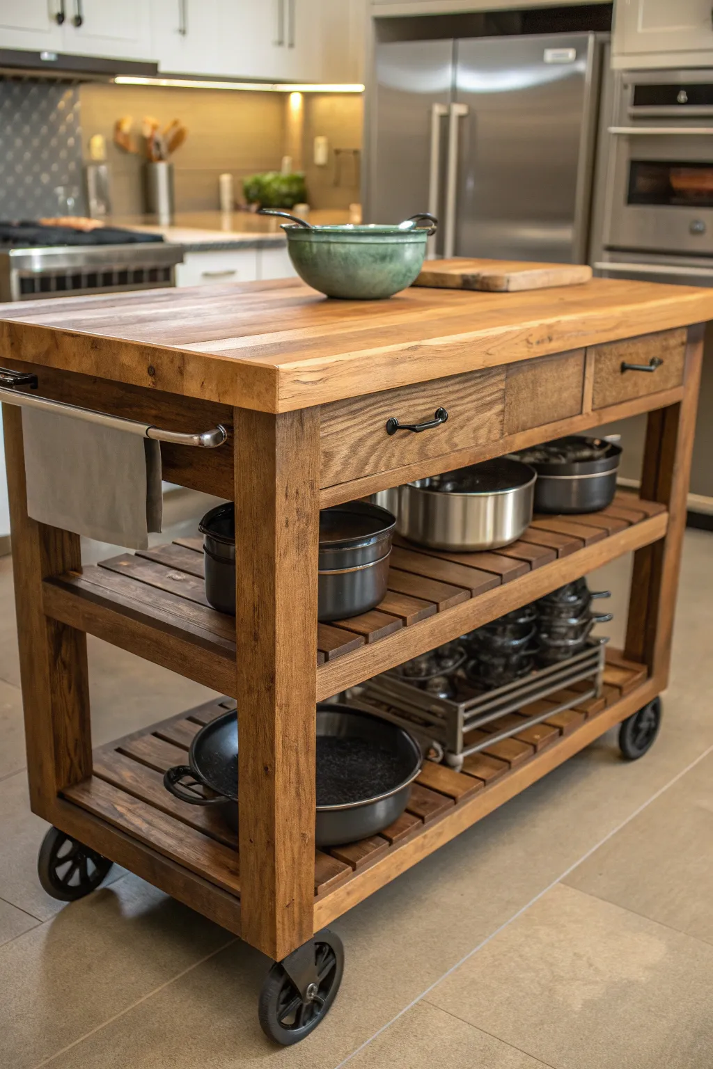 Elevate your kitchen's style and functionality with this handcrafted rolling island masterpiece.