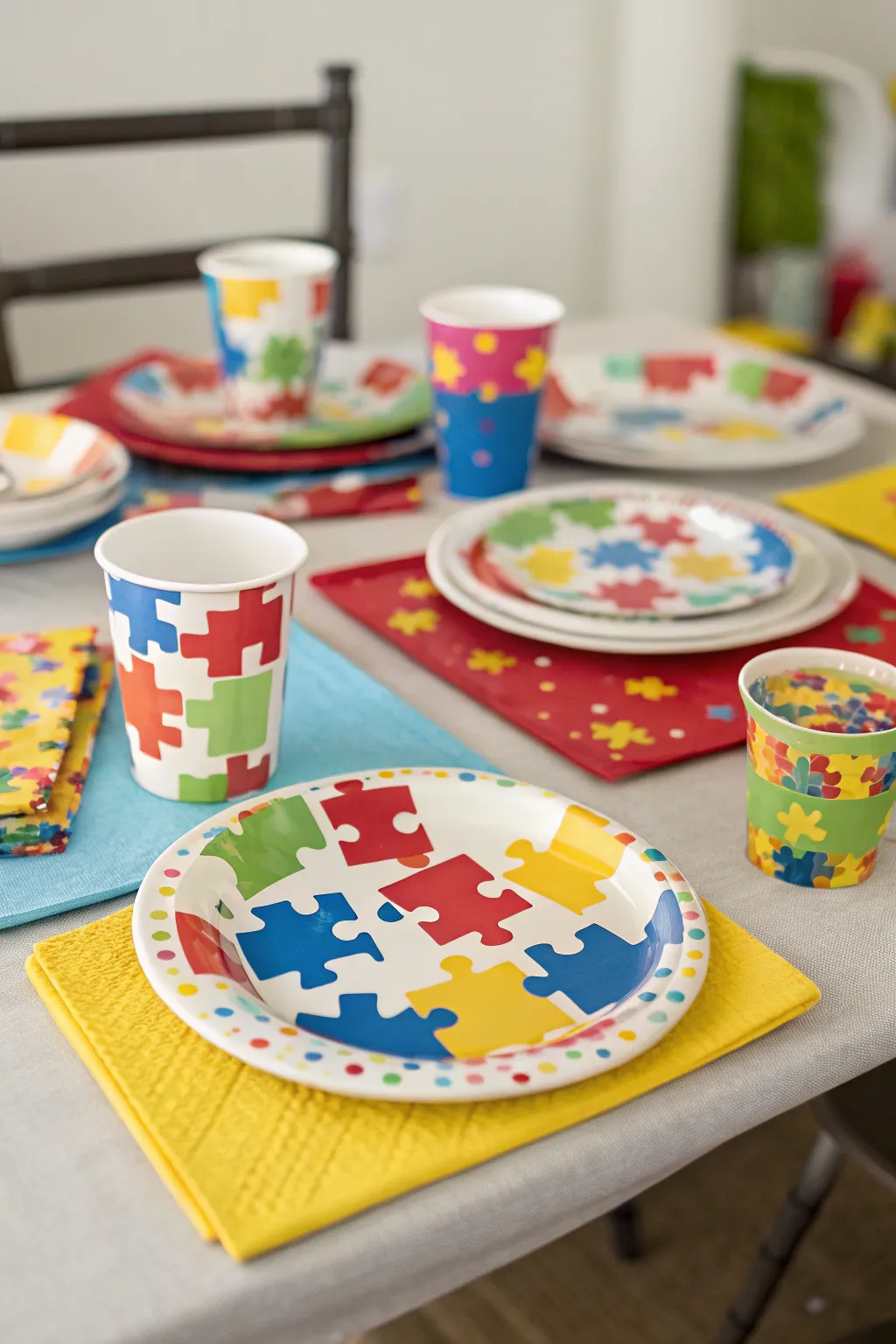 Puzzle-themed tableware ties your party theme together perfectly.
