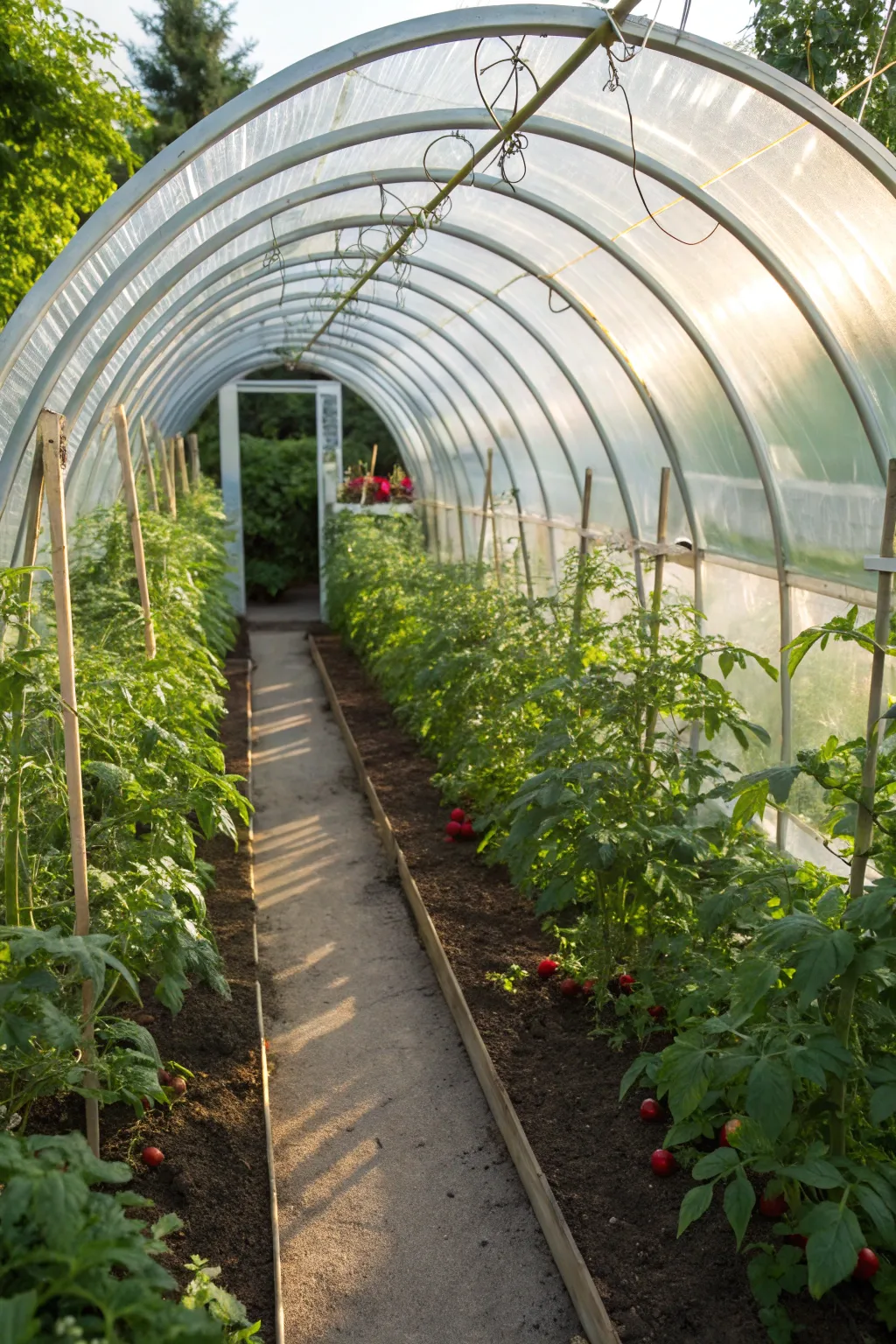 Embrace vertical growth with this elegantly crafted arched PVC greenhouse, perfect for nurturing tall plants like tomatoes.
